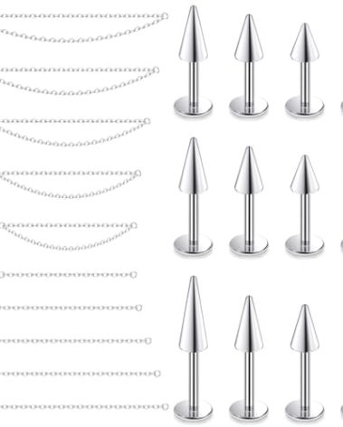 Lsnevsie 20G Flat Back Earrings Nose Rings Studs Chain Piercing Surgical Steel Spike Lip Nose Rings Stud Snake Bite Tragus Helix Conch Cartilage Earrings Piercing Jewelry For Women Men 20 Gauge Silver