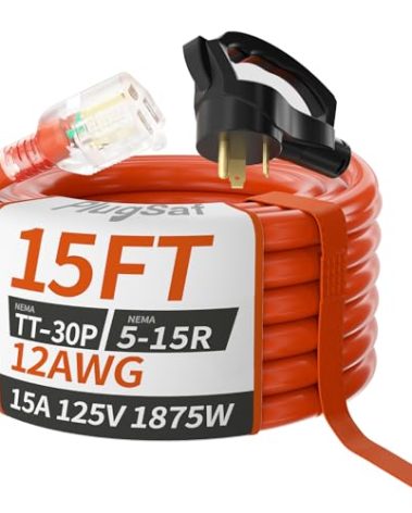 PlugSaf RV 30 Amp to 110 Adapter Extension Cord 15 FT, NEMA TT-30P to NEMA 5-15R Heavy Duty Outdoor RV Electrical Adapter with Grip Handle, 12AWG 15Amp 125V 1875W, Black-Orange, ETL Listed