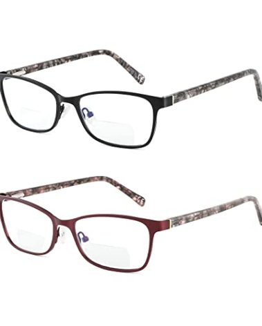 LKEYE Bifocal Reading Glasses Women Blue Light Blocking With Clear Top Computer Reader No Line Wide Metal Frame Designer Ladies Eyeglasses Black Red +2.50 strength