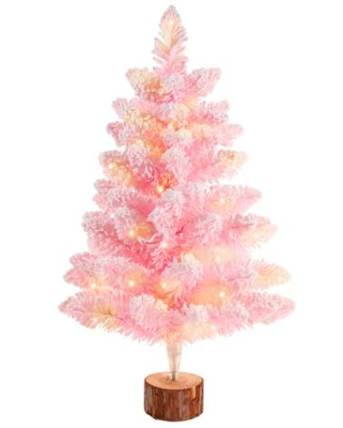 Gloreyan 2FT Artificial Christmas Tree with Lights Lighted Pink Tabletop Christmas Tree Light Up Battery Operated Snow Flocked Mini Xmas Pine Tree for Party Supplies Holiday Home Decoration