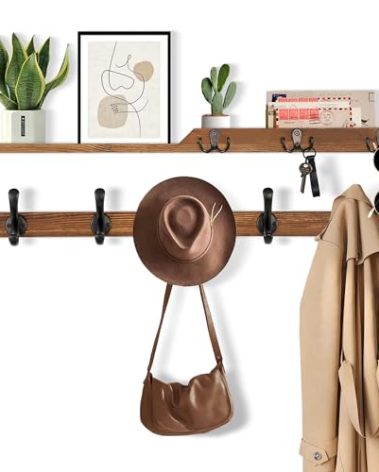 29'' Coat Rack Wall Mount with Shelf, Coat Hanger Wall Mount with Key Hooks and Mail Holder, Wood Entryway Floating Shelf with Hooks and Storage, Hat Rack for Wall Key Holder Mail Organizer
