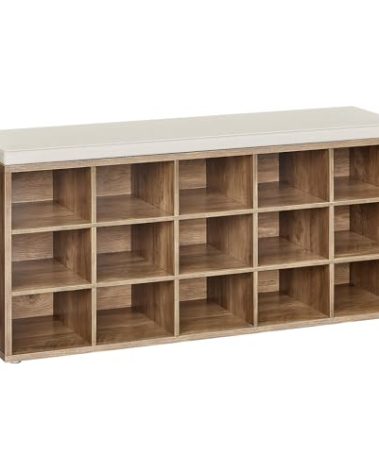VASAGLE CUSTOS Collection - Shoe Bench, Storage Bench with Padded Seat, Entryway Bench with 15 Compartments, for Bedroom, 11.8 x 41.3 x 18.9 Inches, Honey Brown and Cappuccino Beige ULHS015K02