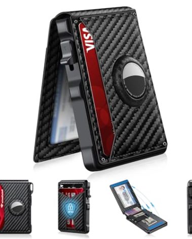 Airtag Wallet for Men, Mens Smart Wallet for Air Tag RFID Blocking, Minimalist Bifold Pop Up Aluminum Credit Card Case Holder 12+ Cards with ID Window, Gift for Men, No Airtag Included, Carbon Fiber