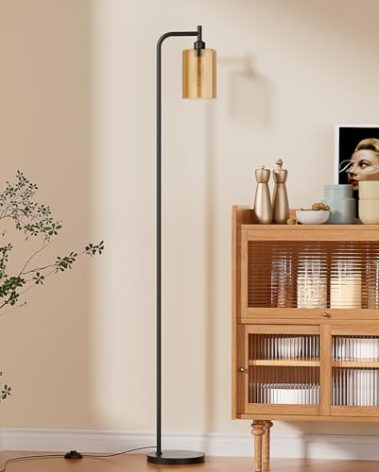Ziisee Floor Lamps for Living Room - Standing Lamp with Amber Glass Shade, Modern Floor Lamp with LED Bulbs, Industrial Floor Lamp for Bedroom, Black Tall Lamp for Office(Light Bulb Included)