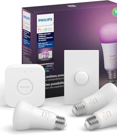 Philips Hue White and Color Ambiance Base Lumen (60W) Smart Button Starter Kit, 16 Millions Colors, Works with Amazon Alexa, Google Assistant, Apple HomeKit 60 Watt (OLD VERSION)