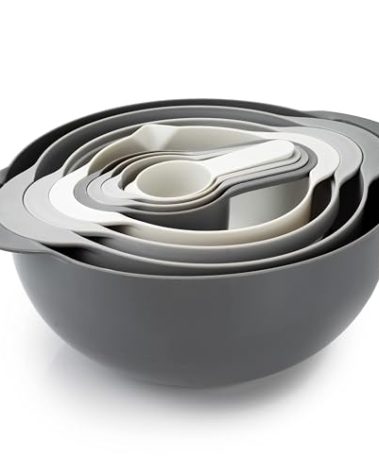 COOK WITH COLOR Nesting Bowls with Measuring Cups Colander and Sifter Set - Includes Mixing Bowls, Colander, Sifter and Measuring Cups, Gray, 8 Pc Bowl