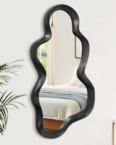 Black Asymmetrical Mirror for Wall Irregular Wood Frame Mirrors Modern Artistic Wavy Wall Mirror Decorative Vanity Bathroom Living Room Bedroom Entryway Hallway Cute and Stylish Cloud Mirror Large