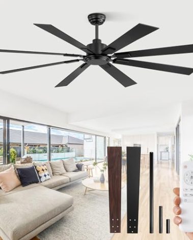 ZMISHIBO 72 Inch Ceiling Fan No Light with Remote Control, 8 Blades Quiet DC Reversible Motor, 6-Speed, Timer, Black Finish, Indoor Outdoor Ceiling Fans for Patios, Living Room, Garage
