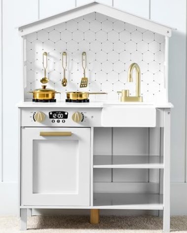 Best Choice Products Pretend Play Wooden Farmhouse Kitchen Set for Kids w/Toy Storage, Clicking Knobs, Windows, 5 Accessories Included - Beveled White