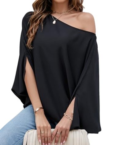 VIMPUNEC Womens Off The Shoulder Flowy Tops Casual Batwing Sleeves Blouses Loose Chiffon Shirts Black