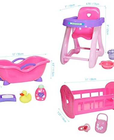 JC Toys Deluxe Doll Accessory Bundle | High Chair, Crib, Bath and Extra Accessories for Dolls up to 11" | Fits 11" La Baby & Other Similar Sized Dolls, Pink (81453)