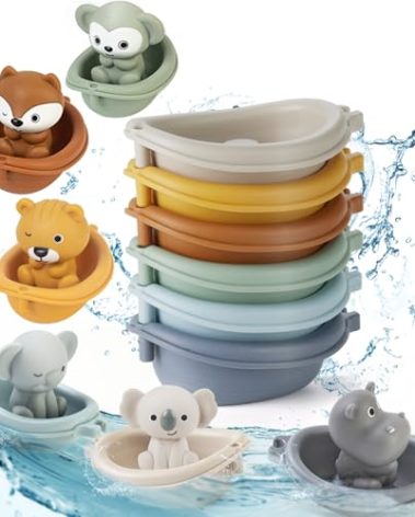 Auvitaya Baby Bath Toy Stackable Infant Bathtub Toys Stacking Floating Boat Train with Animal Finger Puppets Bath Toy Silicone Hand Puppet Educational Beach Toys for Babies Toddlers Party Favors