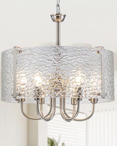 WASJEENN 17.71'' Glass Drum Chandelier for Dining Room 6-Lights Modern Farmhouse Entryway Light Fixtures Kitchen Chandeliers Over Table Bedroom Light Fixture for Living Room Hallway Foyer E12