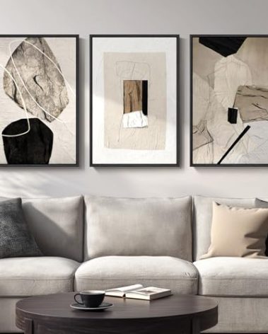 Large Framed Neutral Abstract Wall Art, 3 Piece Modern Canvas Prints Paintings Artwork for Walls, Minimalist Black Beige Pictures for Living Room Hallway Dining Room Bedroom Wall Decor -Total 30x60 In