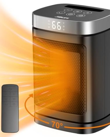 Small Portable Space Heater for Indoor Use - with 70°Rotating Feature, JIBUFI 1500W PTC Electric Heater, Rapid and Safe Heating, Remote Control, 1-12 Hr Timer for Bedroom, Office