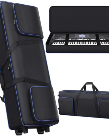 61 Key Keyboard Case with Wheels (40.5" * 16.5" * 5.5"), 61 Key Piano Keyboard Rolling Bag Soft Padded with Multiple Pockets, Electric Piano Keyboard Travel Gig Bag for 61 Key Keyboard and Accessories