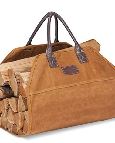 GOOD GAIN Firewood Carrier Waxed Canvas with Faux Leather Handle, Wood Carrier for Firewood, 36x18.5in Heavy Duty Firewood Storage Tote, Fireplace Log Carrier Indoor Bag, Wood Stove Accessories. Khaki