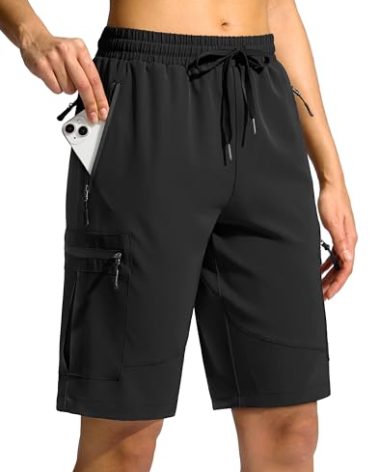 SANTINY Women's 10'' Lightweight Hiking Cargo Shorts with 5 Zipper Pockets Quick Dry Summer Long Travel Golf Shorts for Women (Black_L)