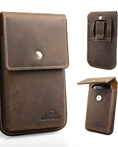 Topstache Leather Cell Phone Holster for Galaxy S25/S24/S23/S22 - Belt Clip Cell Phone Case for iPhone 17/16/15/14/13 - Magnetic Closure Leather Belt Holster Pouch for Men, L,Darkbrown