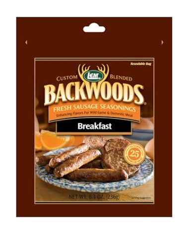 LEM Products Backwoods Breakfast Fresh Sausage Seasoning, Ideal for Wild Game and Domestic Meat, Seasons Up to 25 Pounds of Meat, 8.3 Ounce Packet