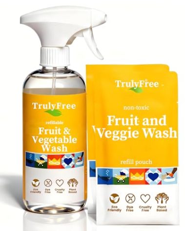 Truly Free Fruit and Vegetable Wash - Veggie Wash Removes 99% of Dirt & Wax | Plant-Based Produce Cleaner Spray | No Aftertaste, Refillable, Made in USA | Fragrance-Free, 16oz