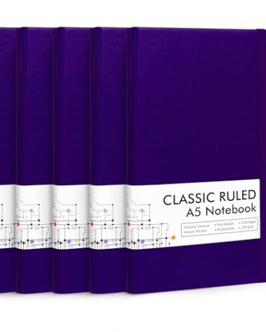 feela 5 Pack Journal Notebook Bulk for School, Hardcover Business Notebooks Classic Ruled Lined Journals with Pen Holder for Work Note Taking, with 5 Black Pens, 120 GSM, 5.1”x8.3”, A5, Purple