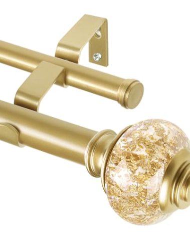 1 Inch Gold Double Curtain Rods 72 to 144 Inches (6 to 12 ft), USFOOK Drapery Rods for Windows, Telescoping Dual Curtain Rod with Luxury Translucent Finials