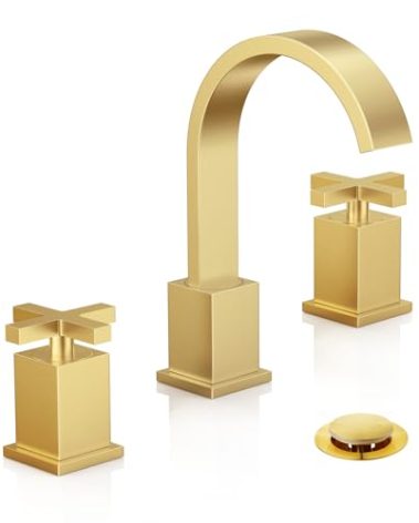 Phiestina Brushed Gold Bathroom Sink Faucet, Widespread 3 Hole 8 Inch Waterfall Modern Bathroom Faucet with Metal Pop Up Drain and Water Supply Lines, WF001-10-BG