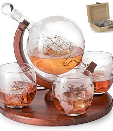 Gifts for Men Dad, World Globe Whiskey & Wine Decanter Globe Set & 4 Etched Glasses, Anniversary Birthday Gifts for Him Husband Boyfriend, Gift for Bourbon Scotch Liquor, Cool Set with Whiskey Stones