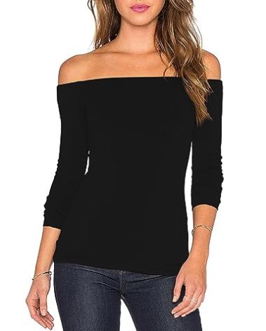 Women's Sexy Slim Fit Stretchy Off Shoulder Long Sleeve Blouse Tops Shirt Black S