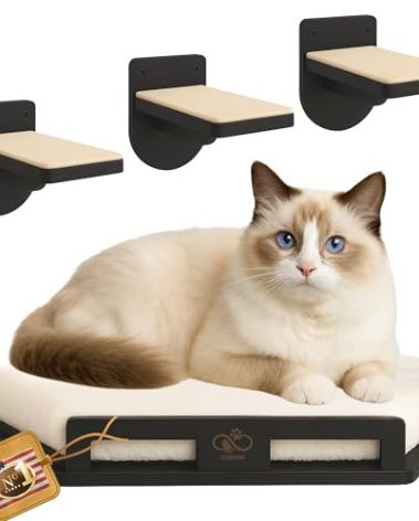 CUBHUG Cat Wall Shelves for Large Cats & Kitten – Solid Wood Large Corner Bed + Cushion with 2 Washable Covers + 3 Wooden Steps, Safe Haven for Indoor Cats, Cat Shelves for Wall, Black