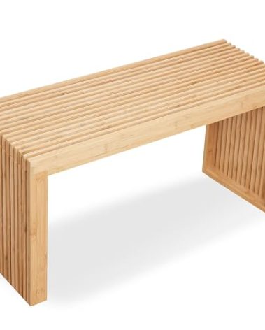 Bamboo Natural 36 inch Wooden Bench, Small Wood Benches for Entryway, Living & Dining Room, Kitchen, Bedroom, Bathroom, Hallway, Front Door, For Indoor & Outdoor Patio Use, Mid Century Modern Decor