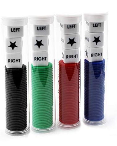 Spidfee Rigth Left Center Dice Game Set with 3 Dices + 36 Chips - 4 Sets Assorted Colors - (4 Pack)
