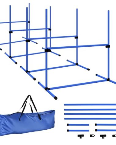 PawHut 4 Piece Dog Agility Training Equipment for Dog Agility Course with Adjustable Height Jump Bars, Included Carry Bag, & Displacing Top Bar, Blue
