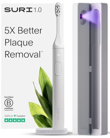 SURI 1.0 Sonic Electric Toothbrush with UV Cleaning Travel Case | 1 Month+ Battery | Designed in California | Electric Toothbrush for Adults | Travel Toothbrushes | Tooth Brush | White