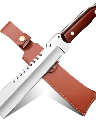 Machete w Sheath for Yard Work, 15'' Full Tang Camping Machete for Cutting Trees Heavy Duty, Survival Machetes, 0.22’’ Thick 5CR15MOV Stainless Steel Blade Spine & Wood Handle, Clearing Brush and Gardening