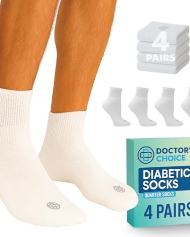 Doctor's Choice Diabetic Socks for Men, Seamless Ankle Socks with Non-Binding Top, Provides Extra Comfort for Gout, 4-Pairs, White, Large, Size 10-13