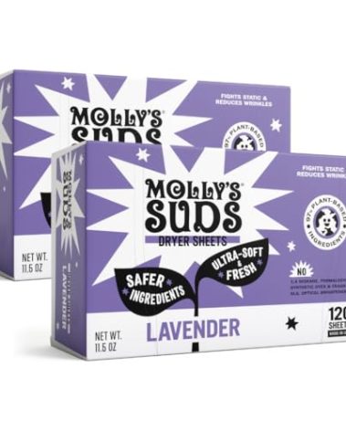 Molly's Suds Fabric Softener Dryer Sheets for Sensitive Skin | Plant-Based Static Reducer, Plastic-Free Packaging | Bundle of 2, Lavender (240 Sheets Total)