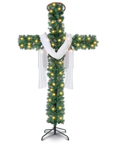 Leyndo 7.2 ft Cross Christmas Tree with Lights, Prelit Artificial Skinny Pencil Christmas Xmas Tree with Silk Scarf and Christ Crown for Christian Holiday Church Home Decor Celebrate Lord and Savio