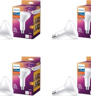PHILIPS LED 65W BR40 4-Pack Ultra Definition Soft White (2700K) 800 Lumen (10W = 65W) Dimmable Frosted Flicker-Free Light Bulbs
