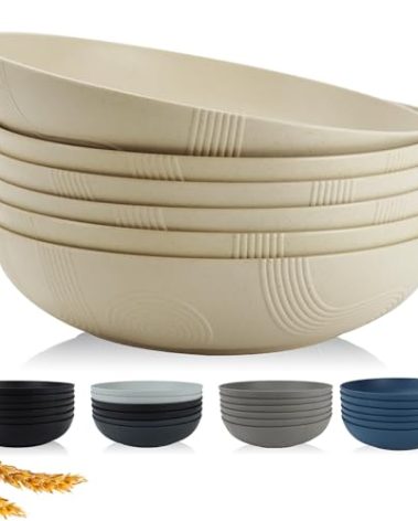10inches Large Pasta Bowls Set of 6-65oz Wheat Straw Bowls,Bowl Plates,Large Plastic Bowls Reusable for Pasta,Salad,Soup,Unbreakable & Lightweight Bowls for Kitchen,Dishwasher Safe,BPA-Free(Beige)