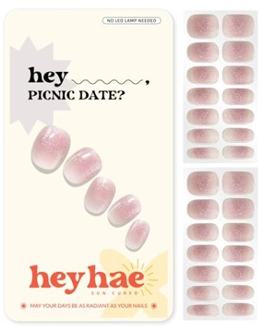 Heyhae Semi Cured Gel Nail Strips | No LED Lamp Needed | Glitter, Pink, Spring | Easy Apply & Remove, Salon Quality | Includes 28 Strips, 1 Prep Pads, Nail File & Wooden Stick - Hey, Picnic Date?