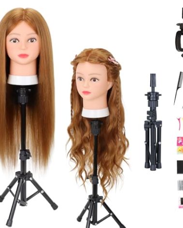 Mannequin Head with Human Hair 80% Real Hair 26-28'' Cosmetology Mannequin Head for Hairdresser Cosmetology Student Styling Practice on Braiding Manikin Doll Head with Tripod Set