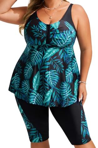Hanna Nikole Sleeveless Rash Guard Sets for Women Two Piece Althletic Tankini Swimsuit Flowy Swimdress with Boyshorts Green Leaves XX Large