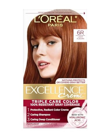 L'Oreal Paris Excellence Crème Permanent Hair Dye, Triple Care Hair Color with Hyaluronic Acid for 100% Gray Coverage, 6R Light Auburn, 1 Kit (Packaging May Vary)