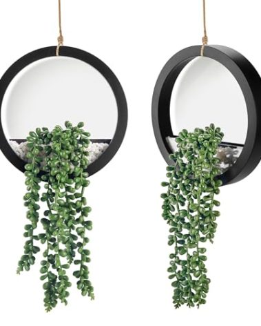 Der Rose 2 Pack Fake Plants Hanging Artificial Succulents Plants in Black Pots for Living Room Bathroom Accessories Boho Farmhouse Wall Decor