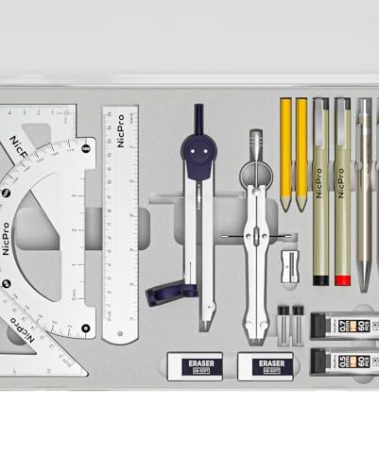 Nicpro 20PCS Professional Geometry Set with Case, Drafting Tools with Protractor and Compass, Metal Rulers, Triangles, Pens, Pencils, Drawing Supplies, Drafting Kit for Architect Engineer Students