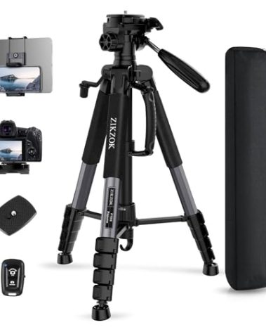 75" Camera Tripod, Heavy Duty Aluminum Camera Stand for ipad Phone, Travel Tripod with Remote/Carry Bag/Phone Tablet Holder, Compatible with DSLR, Spotting Scopes, Max Load 15 Lb(Grey)