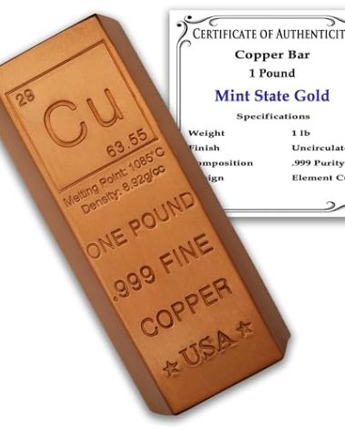 1 Pound Copper Bar Ingot Paperweight - 999 Pure Chemistry Element Design with Certificate of Authenticity by Mint State Gold
