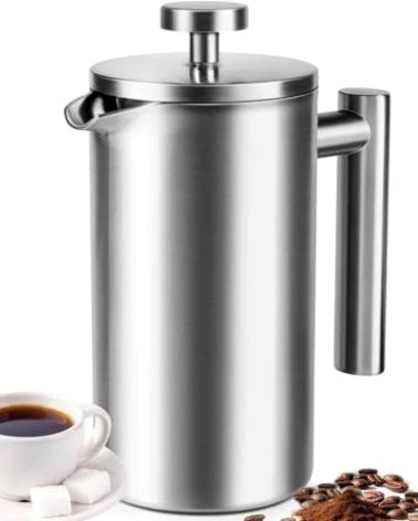 French Press 34 oz, Full Stainless Steel French Press Coffee Maker 4 Cups, Upgrated Double-Walled Insulated French Coffee Presses, Food Grade Good for Kitchen Camping, Dishwasher Safe 2 More Filters
